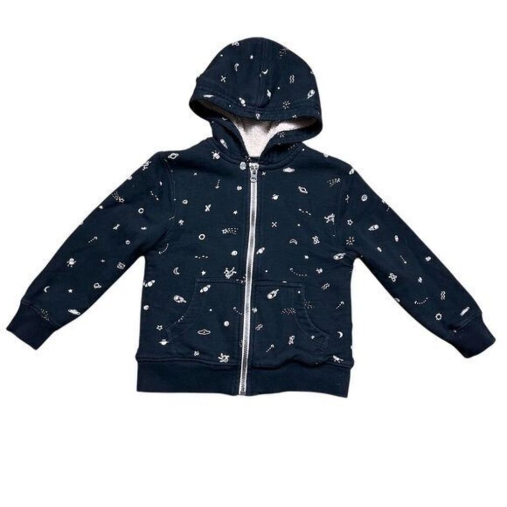 Hanna Andersson Boys Space Print Sherpa Lined Hoodie‎ Size 5 Black